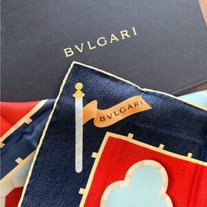 NEW in box Bvlgari Red and Navy Silk Graphic Scarf with Pale Blue Accents